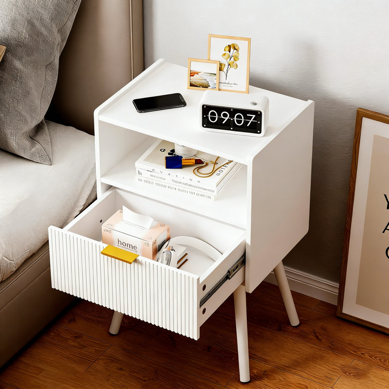 Drawer Nightstands,modern End Table , Wooden Bedside Table In White
