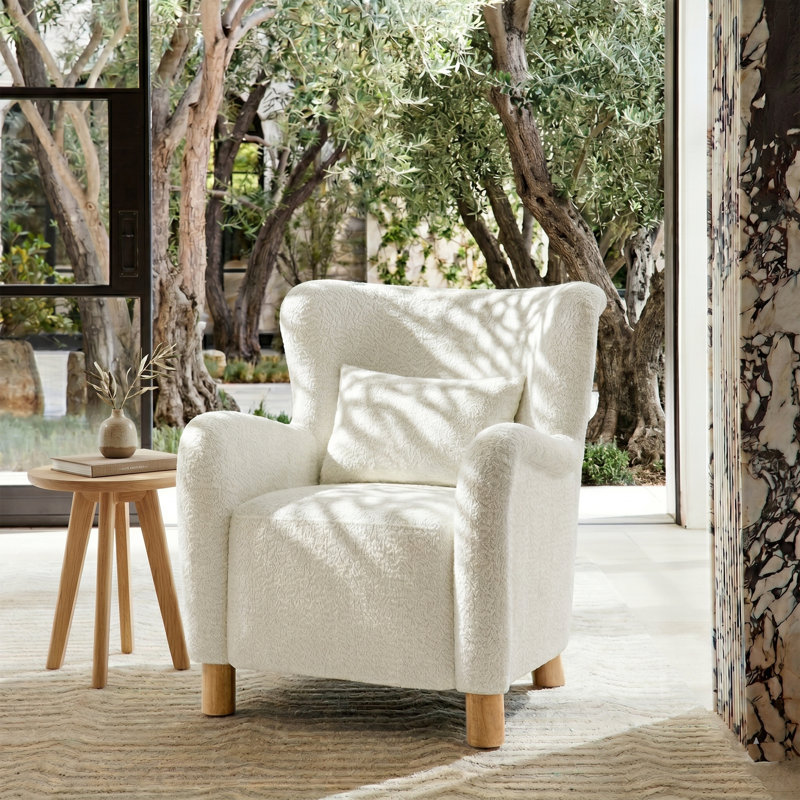 Fauteuil d'appoint à oreilles Walbert Modern Boucle avec coussin et pieds en bois massif, Albâtre