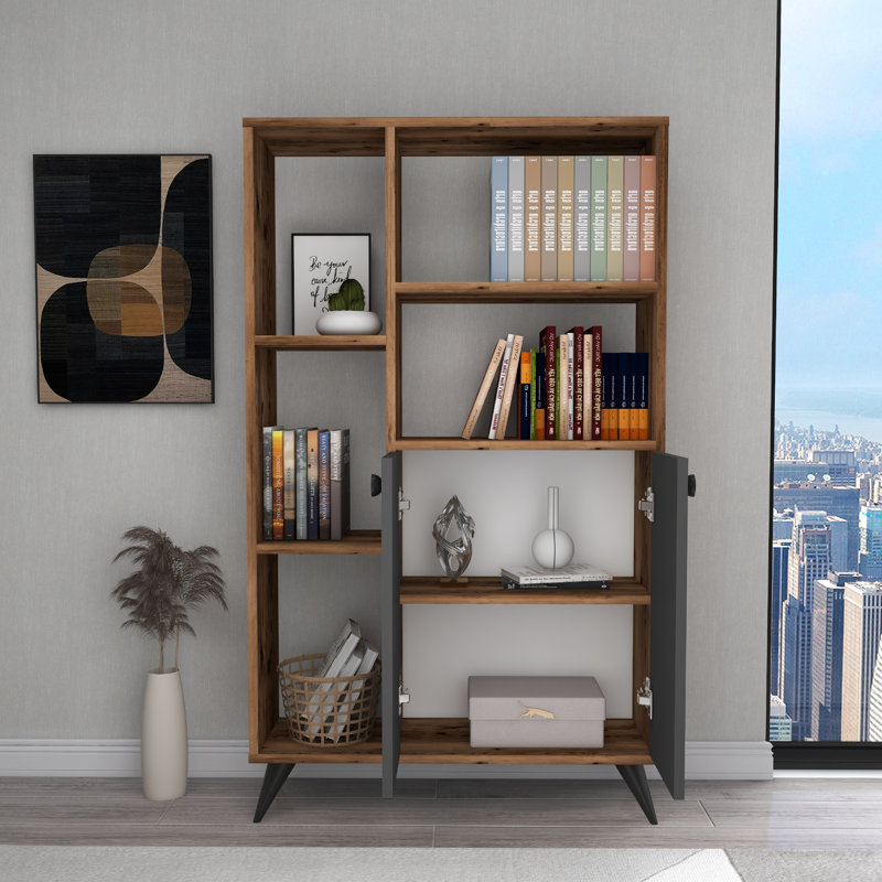 Bookcase with Storage Buzbee, Light Walnut/Beige