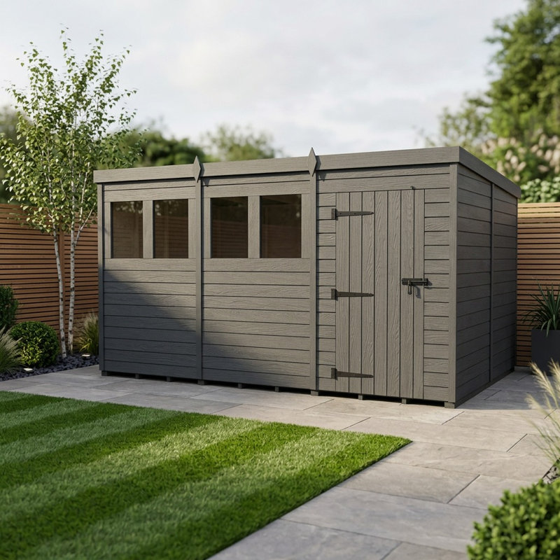 Total Sheds 14ft x 8ft Composite Pent Garden Shed - Single Door - With Windows - EPDM Rubber Roof - UK Manufactured