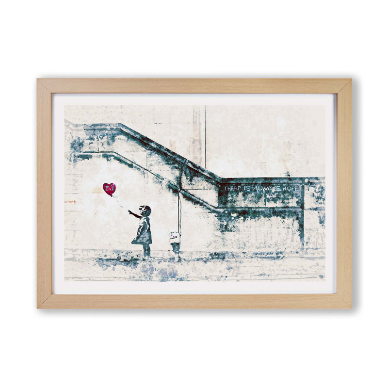 'There is Always Hope Girl with Red Balloon' by Banksy -  Picture Frame Painting Print on Paper, Oak Framed Paper