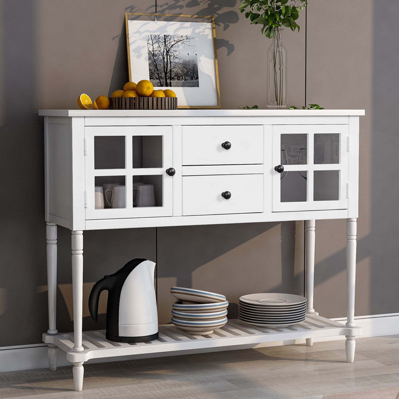 Farmhouse Sideboard Console Table With Bottom Shelf, White