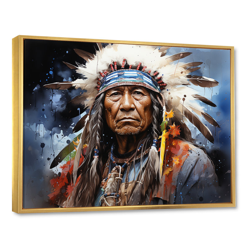 Native Apache Warrior I - Art amérindien, art mural, H 24 po x l 32 po x P 1 po, Cadre flottant doré