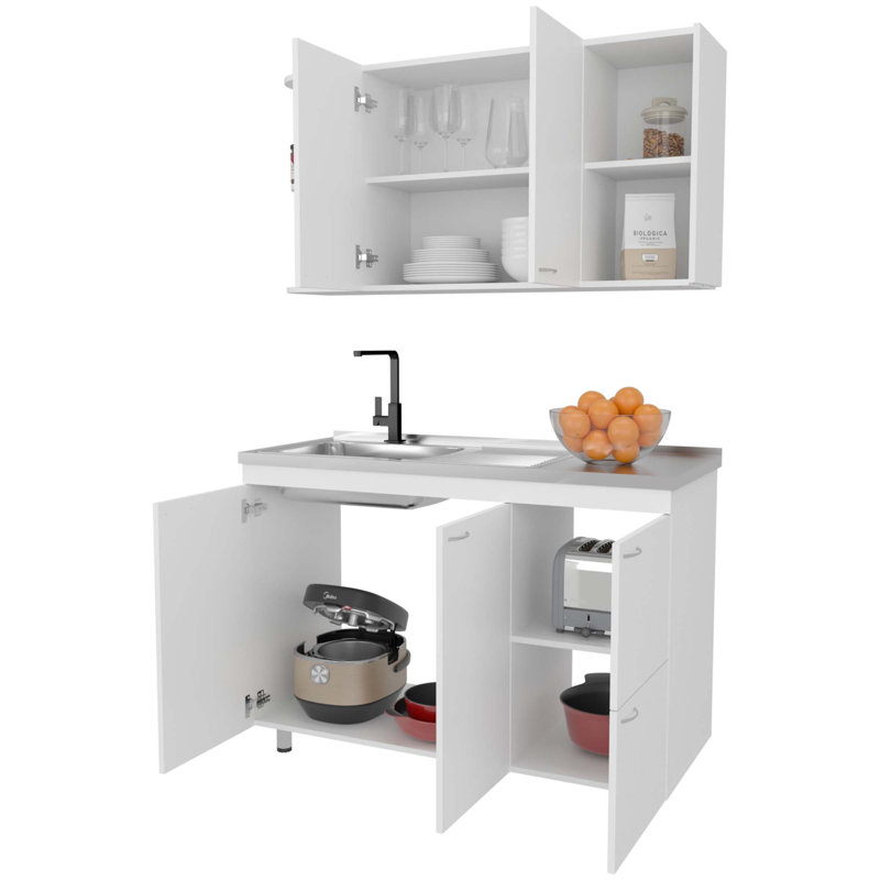 Ensemble d'armoires de cuisine Elica avec rangement supérieur et inférieur, 4 portes et tablettes ouvertes