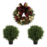 26" Holiday Wreath and Two UV Rated Boxwood Topiary Drop-Ins