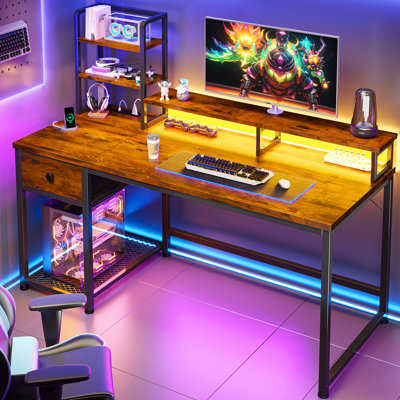 Computer Desk With  Led Lights And Power Outlets, Gaming Desk With Monitor Stand,Home Office Writing Desk With Storage And 2 Shelves
