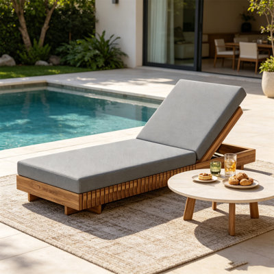 Lounge Chaise Set, Acacia Solid Wood With  LOUNGE CUSHION (Dark Grey) - Matching Cream Version Available