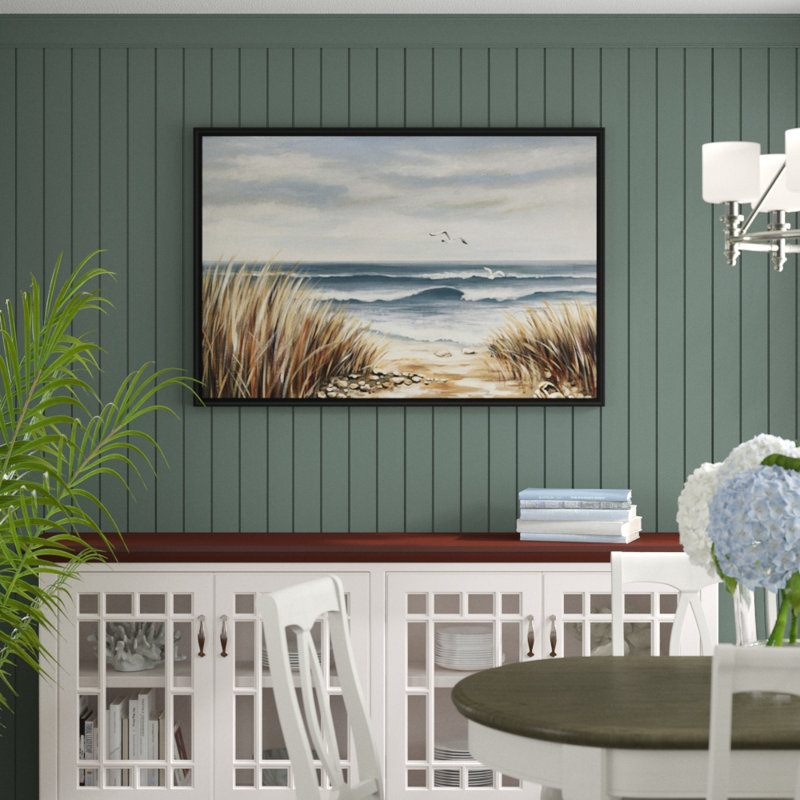 « seascape beach », peinture sur toile, H 33,7 po x l 49,7 po x p 1,75 po, Cadre flottant noir