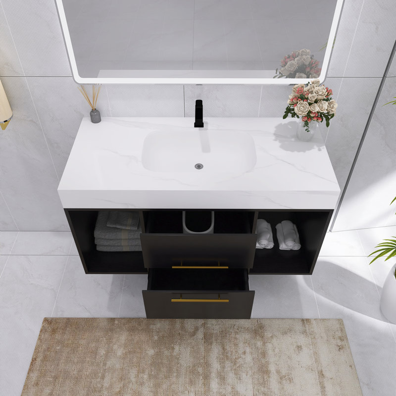 39‘’Wall Mounted Bathroom Vanities With Ceramic Sink, Black