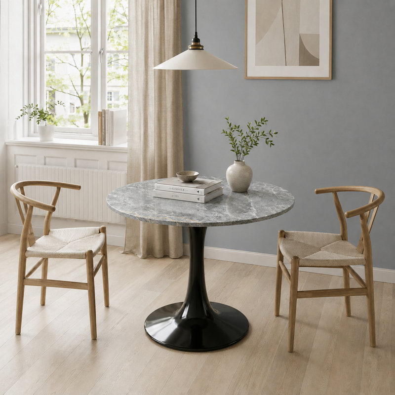Modern Marble-Texture Round Table, Pedestal Base Coffee Table and Dining Table for 2–4 People, Suitable for Living Rooms, Apartments, and Cafés