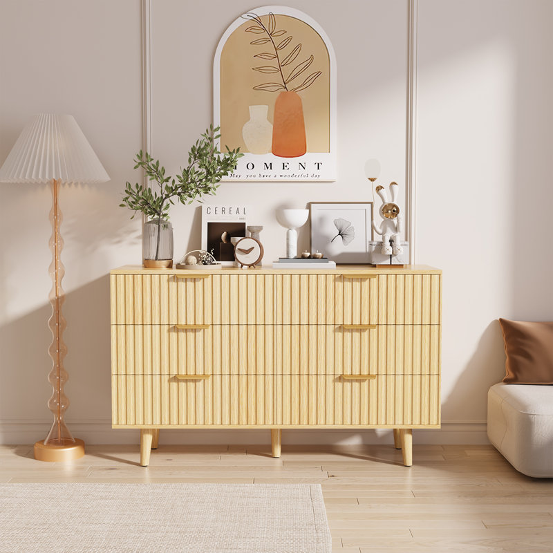 Shely 6 Drawer Dresser, 47" Wide Wood Dresser Chest With Solid Wood Legs & Gold Handles, Fluted Dresser For Bedroom, Living Room, Entryway, Black, Natural