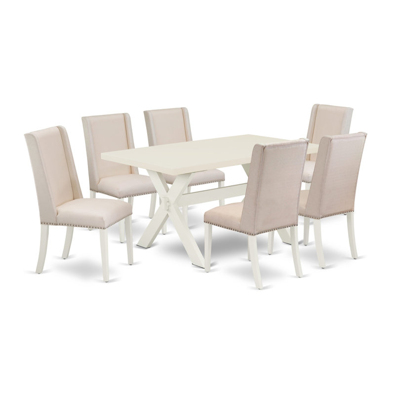 Ensemble table et chaises de cuisine 7 pièces comprenant une table de salle à manger rectangulaire à pattes en X et 6 chaises rembourrées en lin couleur crème, multicolore