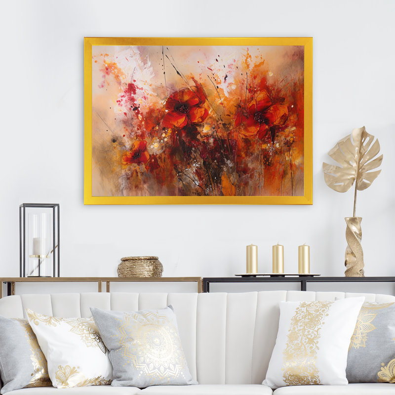 Rouge rouge, coquelicot, floral, Euphoria, Encadrement doré, H 34 po x l 44 po