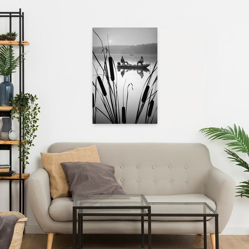 1980S Two Anonymous Silhouetted Men In Bass Fishing Boat On Calm Water Lake Cattails In Foreground Classic Retro Vintage Fish Wall Art