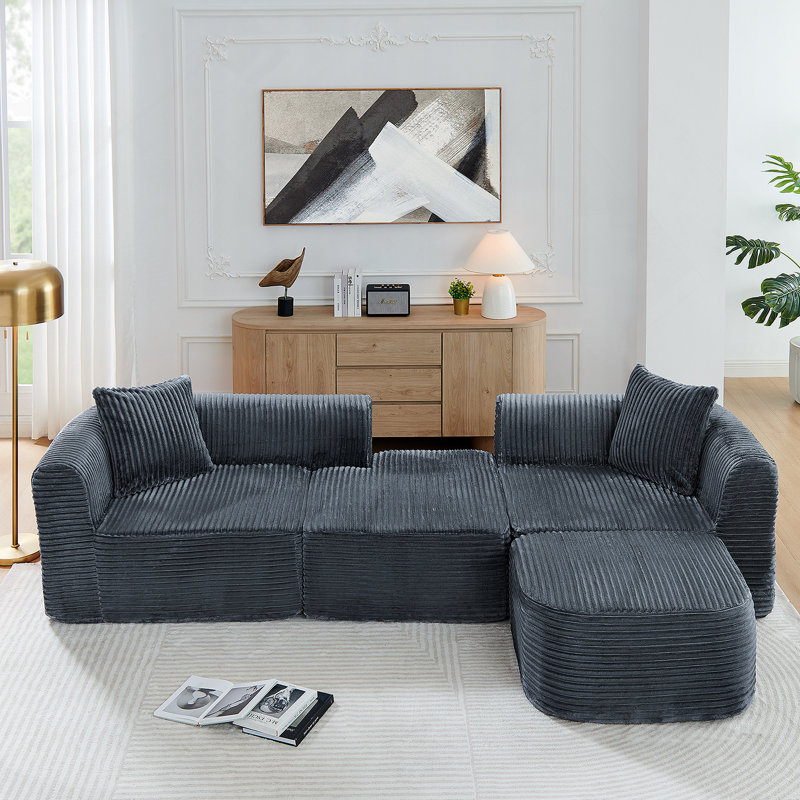 Canapé modulaire en forme de L avec méridienne avec repose-pieds et canapé rembourré Boneless, Gris