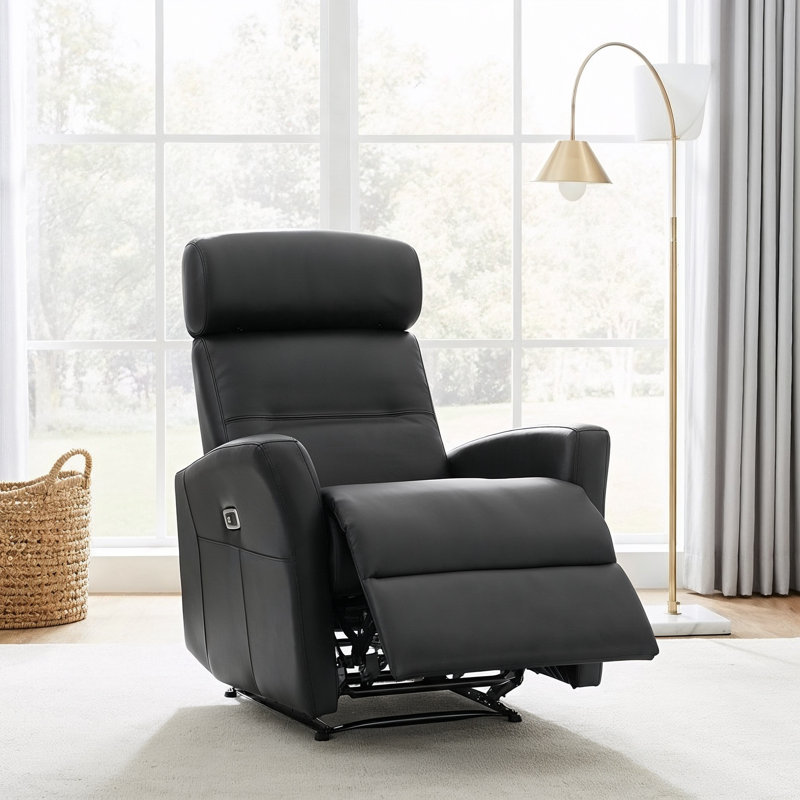 29" Wide Top Grain Leather Power Recliner with Adjustable Headrest and USB Charging, Black
