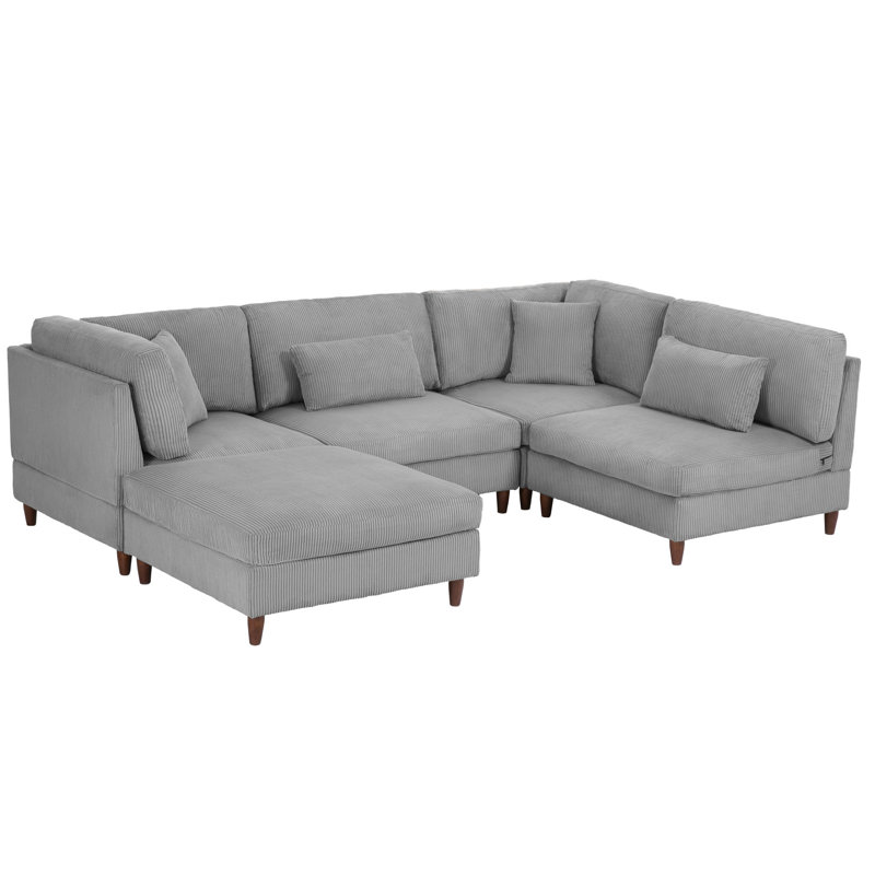 Michelyn 120.5"W 5 - Piece Corduroy Modular Sectional Sofa with Ottoman, Light Gray Corduroy