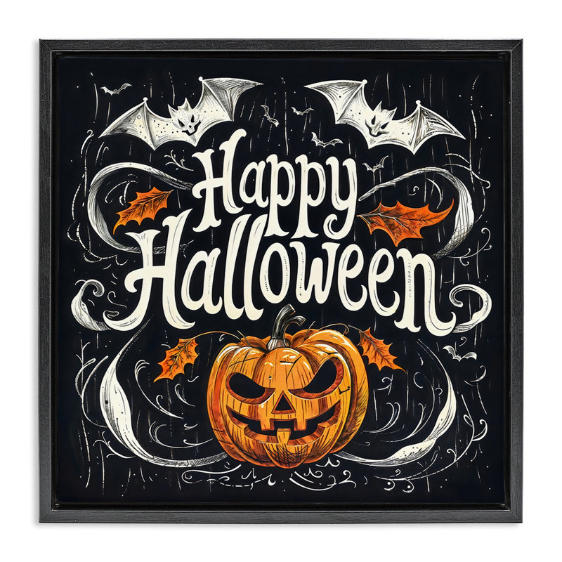 Cadre flottant Happy Halloween avec détails ornés, design par Creative Studio, H 25 po x l 25 po, Cadre flottant noir de jais