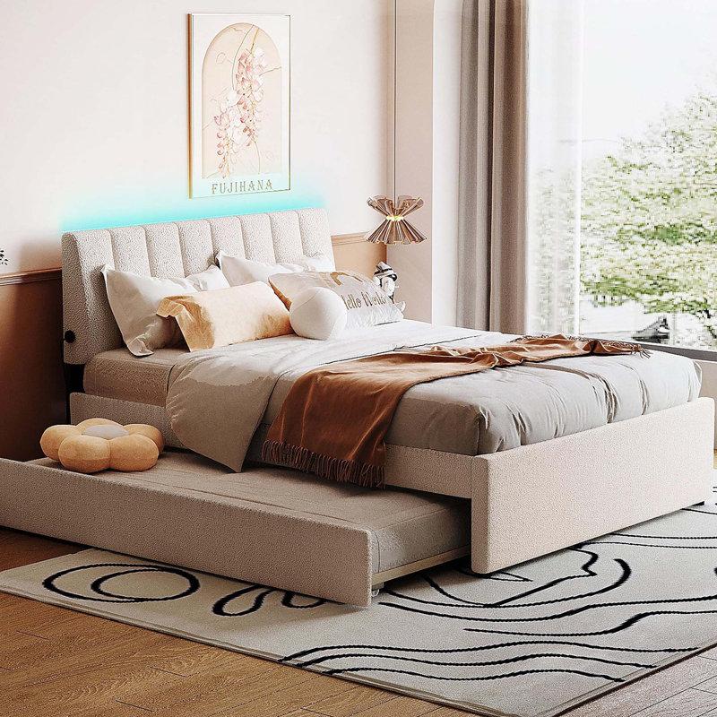 Lit plateforme tapissier Teddy, Lit double, Beige