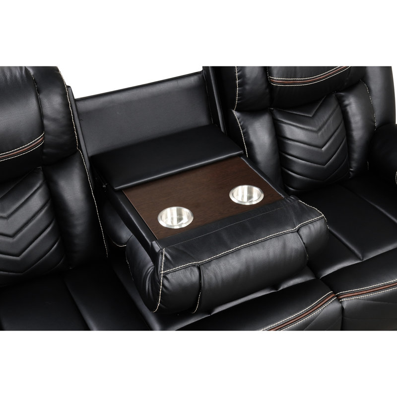 Mobilier de salon contemporain inclinable électrique 2 pièces, similicuir noir, porte-gobelets, audio, éclairage à DEL, compartiment moderne caché pour espace, compartiment, décor