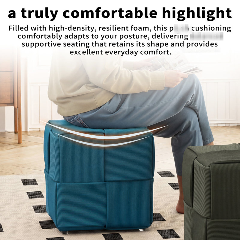 Velours côtelé carré en bleu - Repose-pieds confortable, plusieurs pièces, cadre intérieur, taille 13,97 po, tabouret tissé prêt à l'emploi, tissu doux et respirant, haute résilience, pour 300 livres, convient