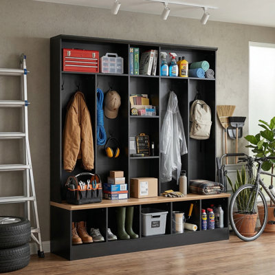 67" Wide Garage Storage Cabinet Hall Tree with Bench, Hooks & Shelves, Black