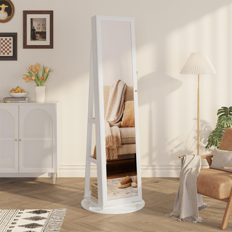 360° Swivel Lockable Jewelry Mirror Cabinet with Storage Shelves, White