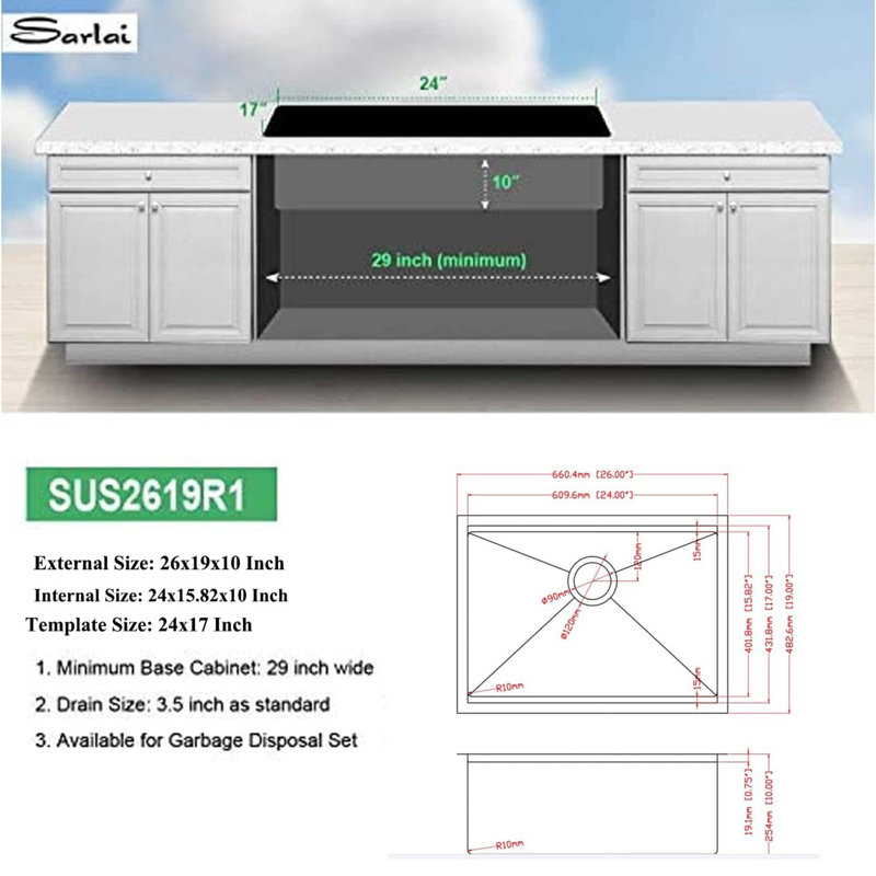 26'' L Undermount Single Bowl Stainless Steel Kitchen Sink