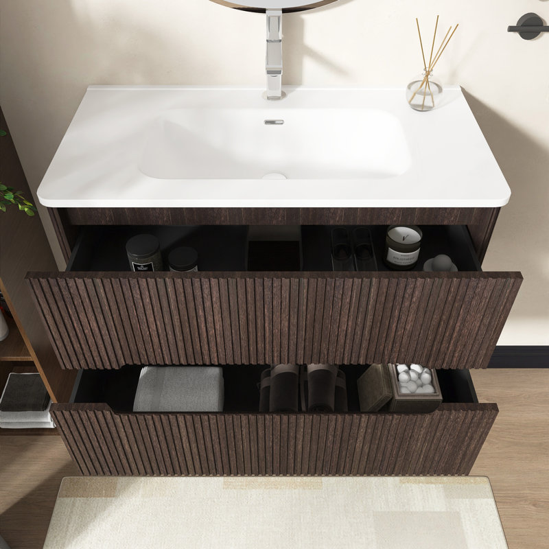 Meuble-lavabo mural 24 po avec lavabo en céramique intégré, Marron foncé, 24"