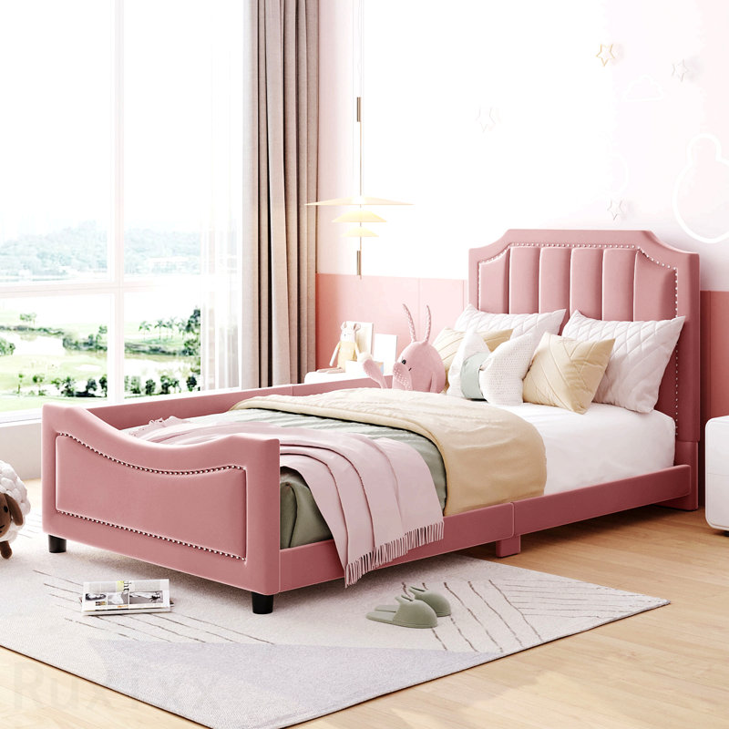 Lit de jour simple tapissier avec tête de lit à rayures classique, rose, Pink