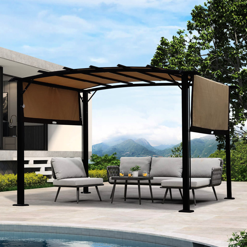 & Weather - Pergola d'extérieur - 12 x 9 pi, auvent rétractable, abri de jardin beige pour jardins avec cadre en acier, Expositions