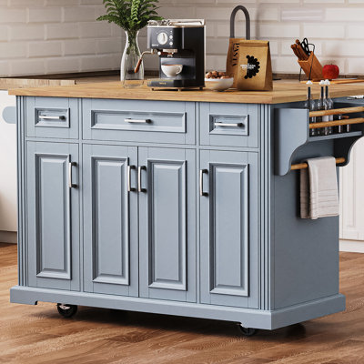 54-inch Large Kitchen Island with Rubber Wood Drop Leaf, Embossed Texture, and Ample Storage on 4 Wheels, Ideal for Modern and Farmhouse Kitchens by Lark Manor