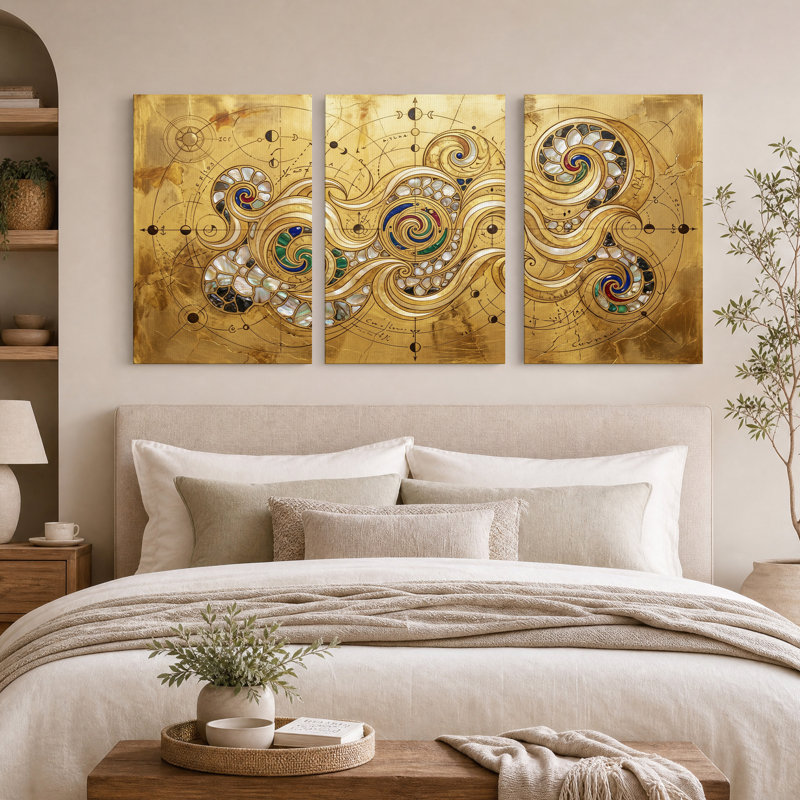 Tableau des phases de la lune dorée avec spirales de perles - Ensemble de 3 toiles murales, 24"H x 16"W x 3pcs