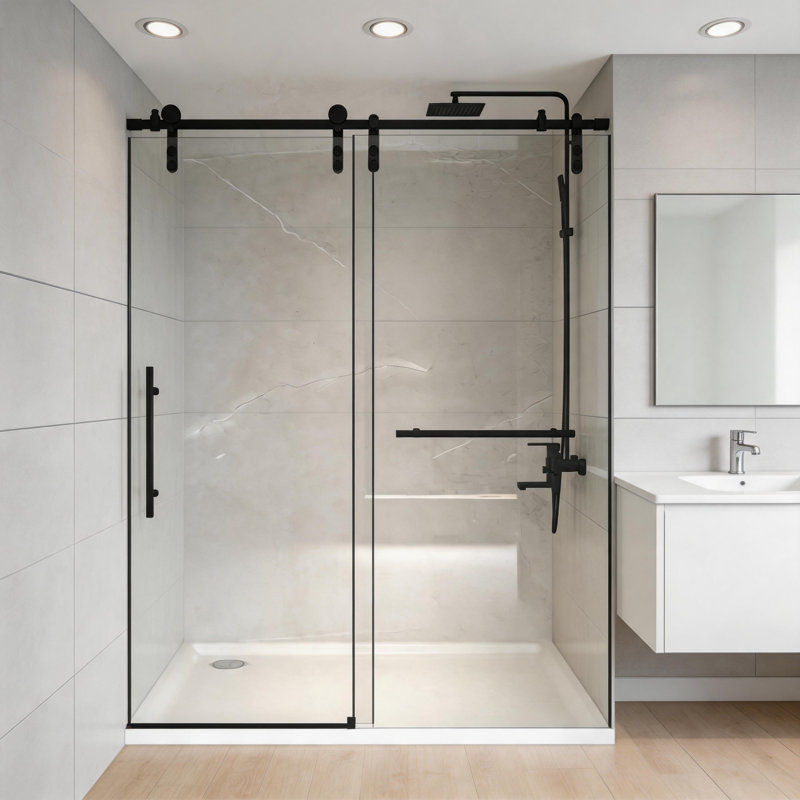 Porte de douche coulissante sans cadre noir mat 48 po x H 76 po, verre trempé transparent de 5/16 po (8 mm) avec quincaillerie en acier inoxydable