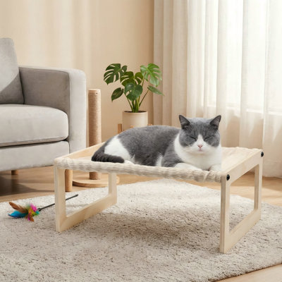 Lit surélevé pour hamac pour chat en bois de 9,5 po de hauteur, vue à 360 °, lit avec matelas d'été respirant, coussin lavable pour chat, chiot, lapin et tous les animaux de compagnie