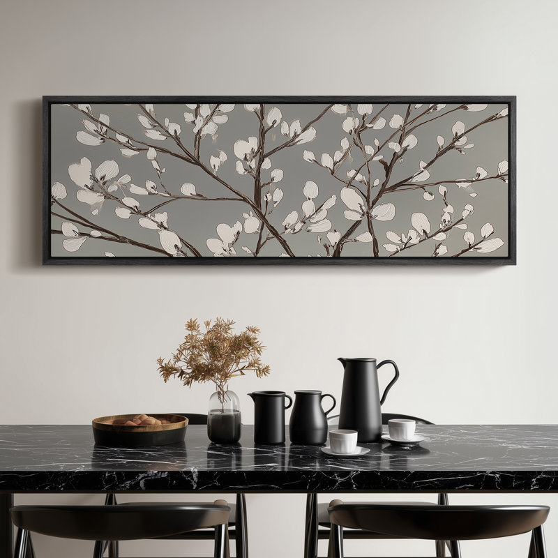 Branches blanches en fleurs sur fond gris pour impression d'art de chambre à coucher ou de vestibule, H 20 po x l 60 po, Noir