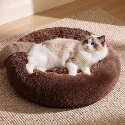 Bedsure Plush Donut Cat Bed for Indoor Cats and Small Dogs, Soft Round Pet Bed with Washable Cuddler