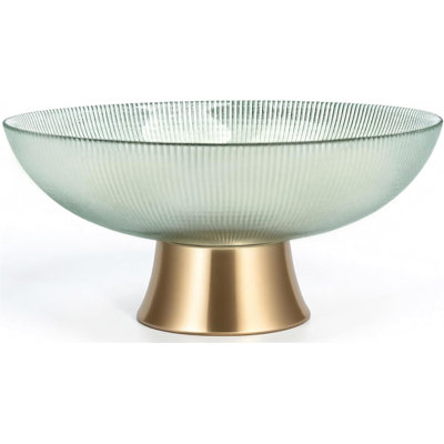 Round Glass Decorative Bowl（Green）, 9.8 Inches Handblown Striped Design Fruit Bowl With Rust-Resistant Metal Base For Home Decor, Table Centerpiece, Kitchen Island And Dining Décor