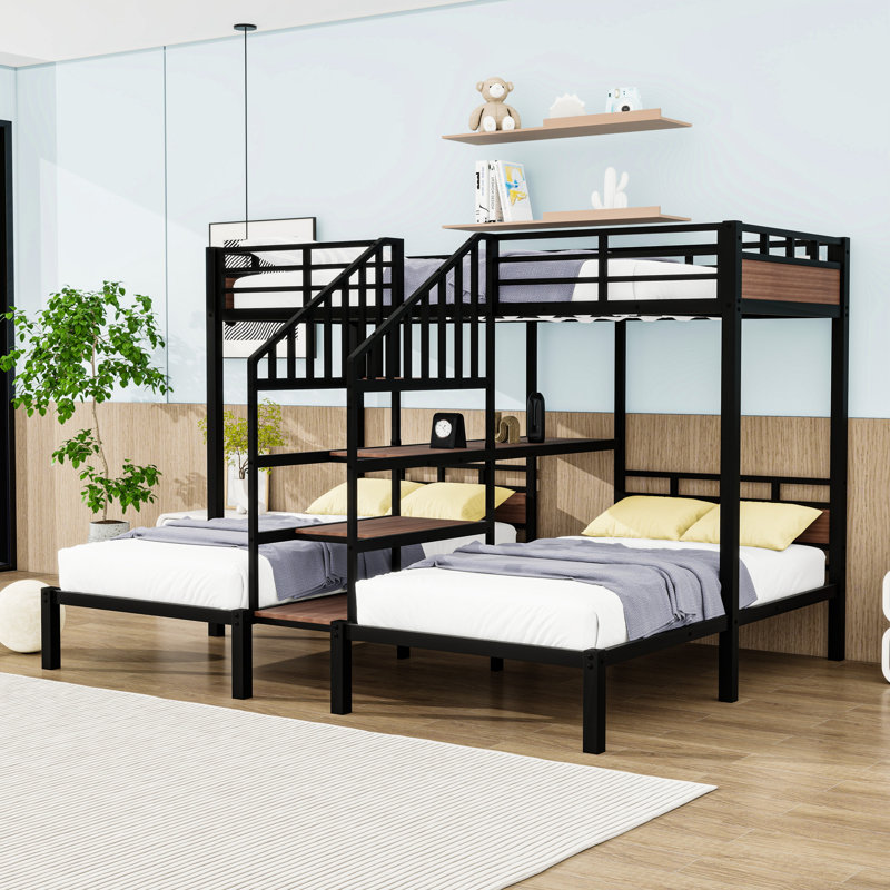 Metal Bunk Bed With Storage Shelves And Stairs, Twin Over Twin and Twin