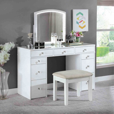 1Pc Vanity Set 3Mm Mirror Led Lights Storage Drawers Wooden Glides White Finish Stool Included Bedroom Furniture