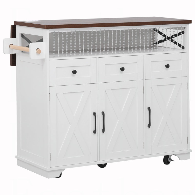 Îlot de cuisine 46,5 po avec rideau de perles, prise de courant, chariot de cuisine sur roulettes avec abattant, 3 portes, 3 tiroirs et tablette interne en fer, pour la cuisine, la salle à manger, blanc