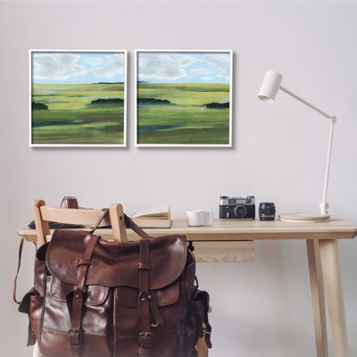 «Rustic Green Valley Trees Abstraction Blue Sky» par Grace Popp, ensemble de 2 peintures sur bois