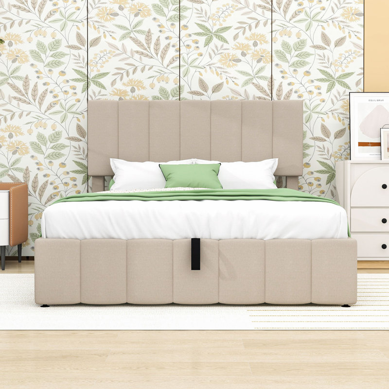 Lit plateforme tapissier avec système de rangement hydraulique et tête de lit, Beige, Double