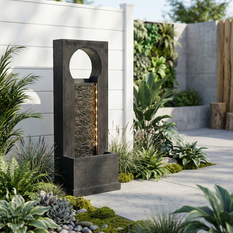 41'' Black  Modern  Wall Outdoor Fountain with LED Lights & ETL Pump