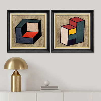 Paysage géométrique 3D - ensemble de 2 peintures sur toile encadrées