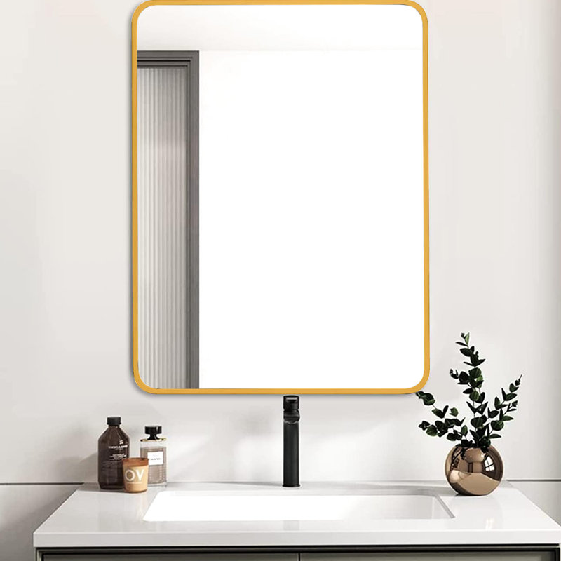24 po x 32 po, miroir de salle de bain rectangulaire en métal doré, verre HD de 4 mm, - cadre en aluminium rouille, installation facile avec vis, film incassable non fabriqué, panneau de densité