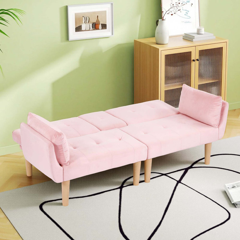 Canapé double pliable en velours pour salon, Velours rose, Naturel