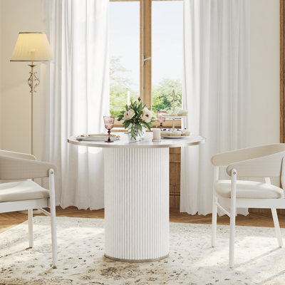 Table de salle à manger ronde moderne cannelée de 31,5 po avec un contour argenté - blanc