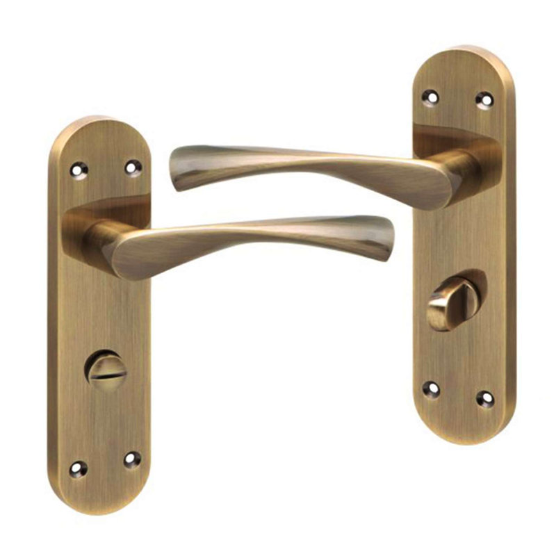 Golden Grace 1 Pair Victorian Astrid Design Bathroom Scroll Door Handle Antique Brass Long Rounded Backplate in Metal with Mortise Lock Set - 182mm x 45mm