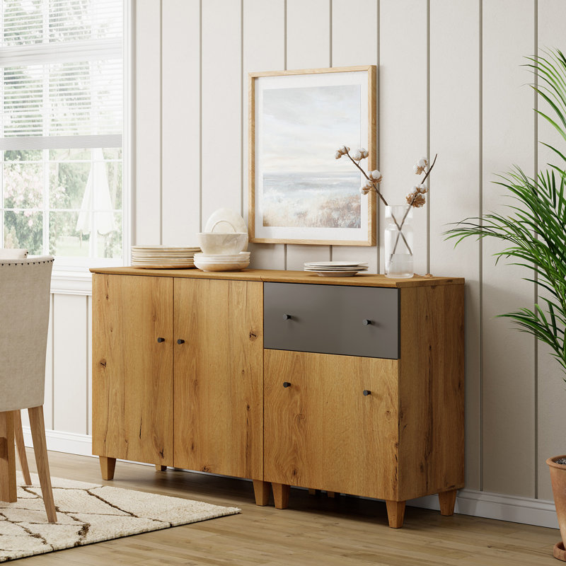 2-In-1 Sideboard Buffet Cabinets With Doors And Drawer, 59", Oak Brown/Dark Grey